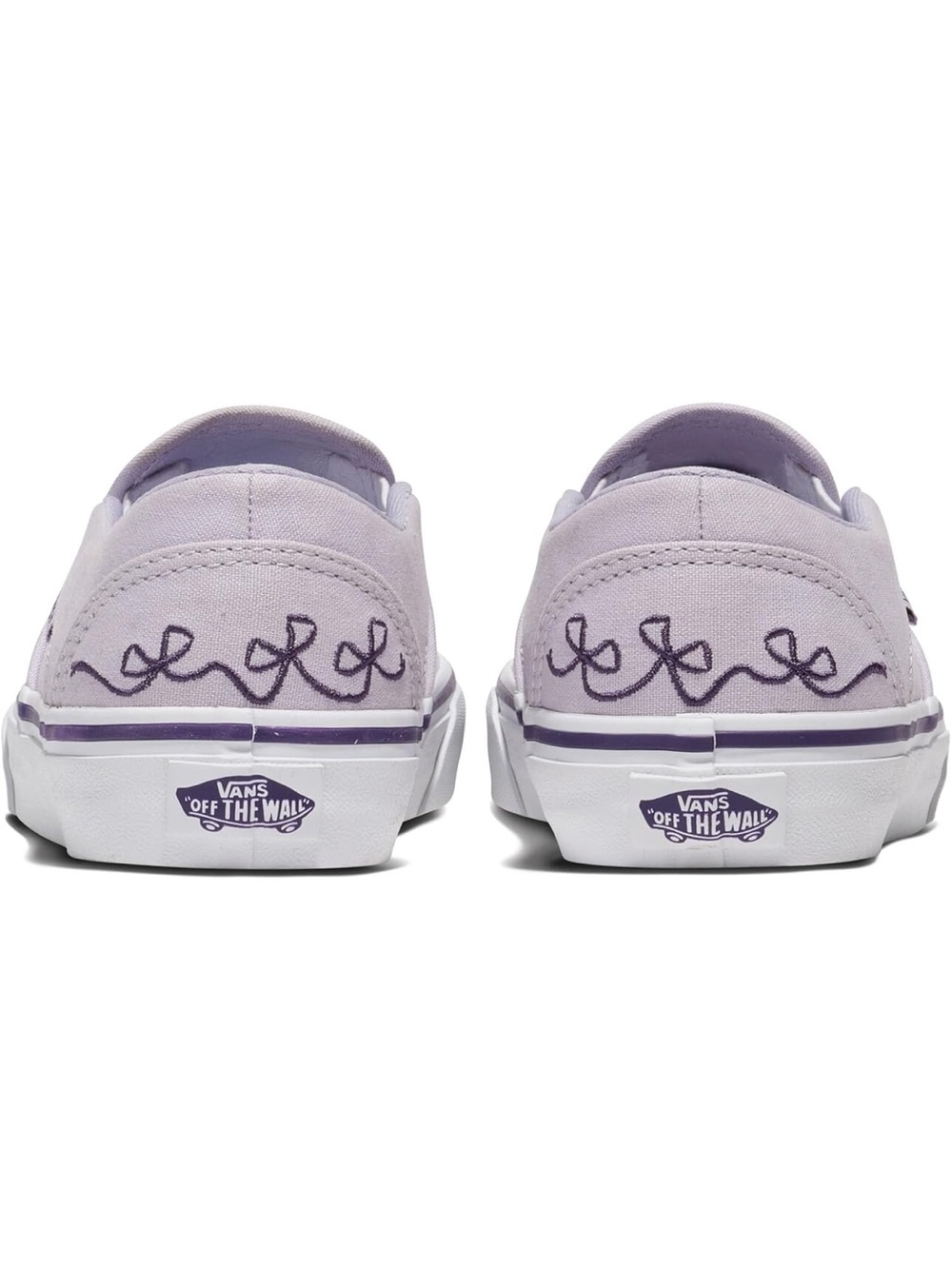 Vans Lavender Canvas Slip-On Sneakers with 3 Black Bows Stitched Along Back